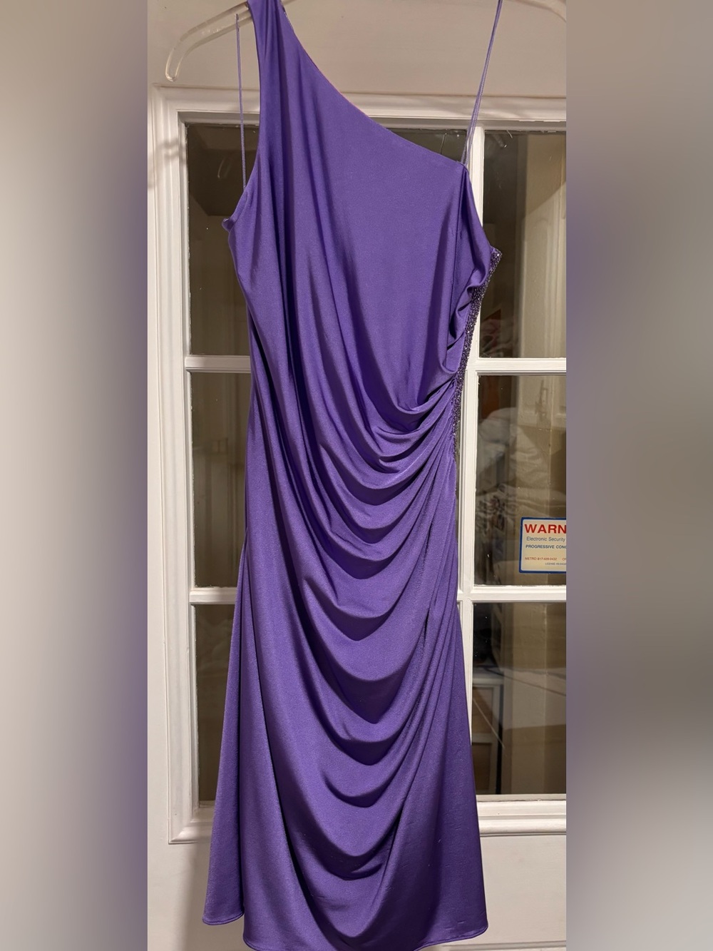 Asymmetric One-Shoulder Purple Ruched Dress, side beading, lined